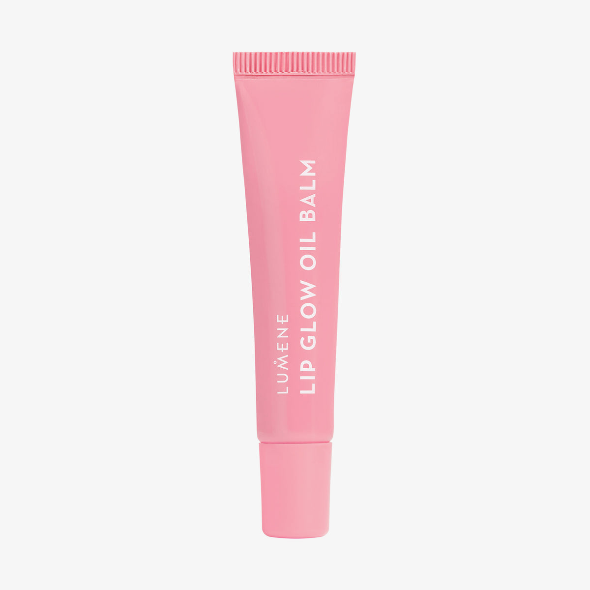 Rosa Lumene Lip Glow Oil Balm-Tube in Berry Cream mit weißem Text auf weißem Hintergrund