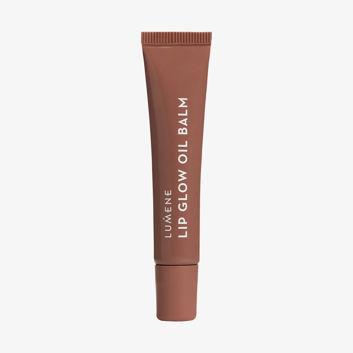 Eine braune Tube Lip Glow Oil Balm Blackcurrant mit weißem Text vor weißem Hintergrund