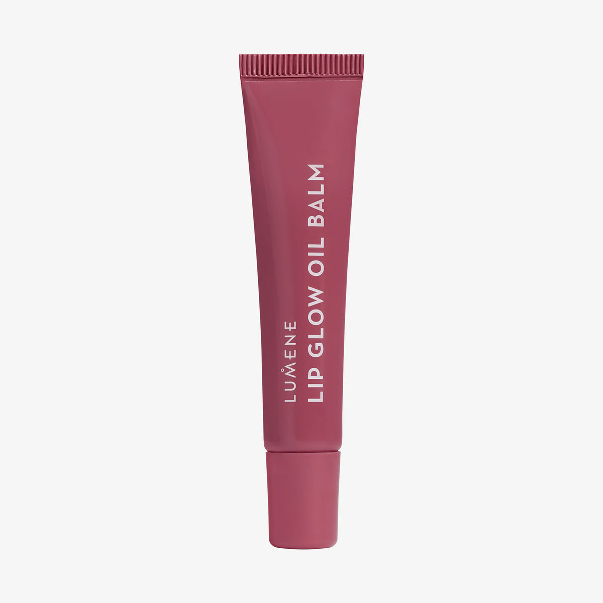 Dunkle beerenfarbene Tube des Lumene Lip Glow Oil Balm Raspberry vor weißem Hintergrund