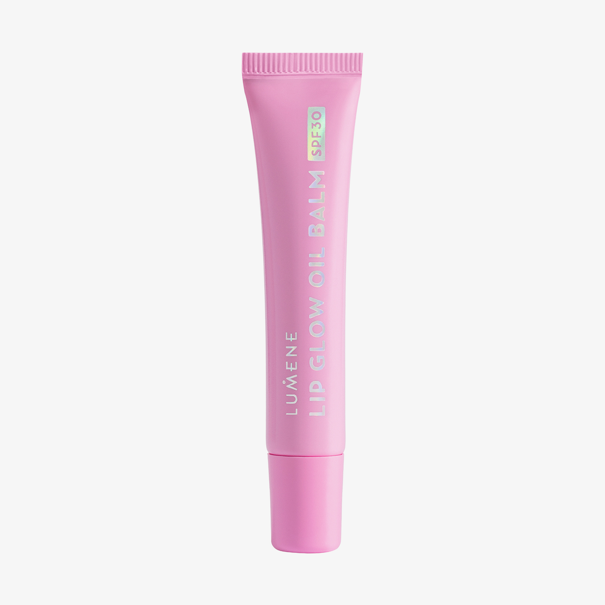 Ein Lumene Lip Glow Oil Balm SPF30 in 2 Marshmallow steht aufrecht auf einem weißen Hintergrund.