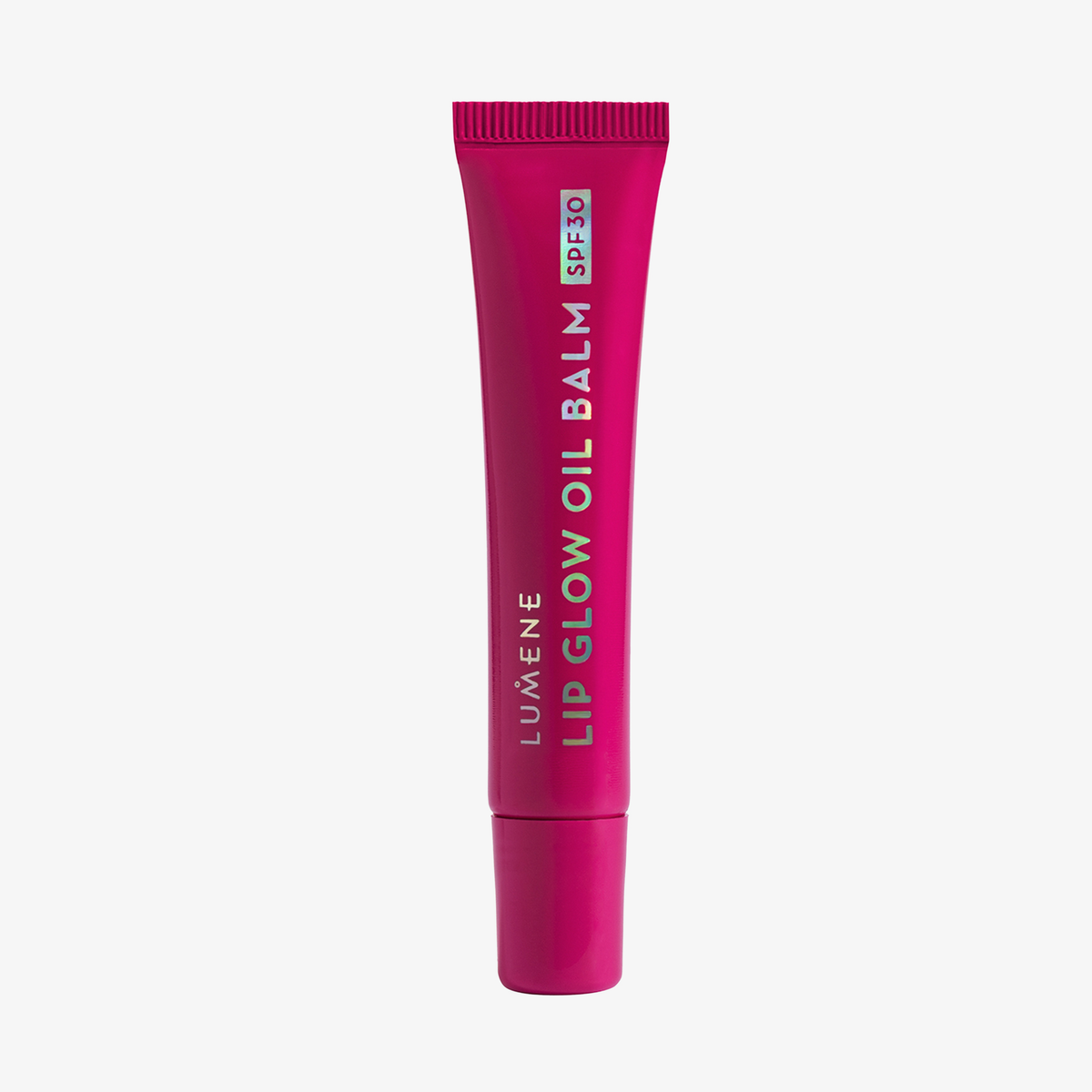 Eine kirschpinke Tube Lumene Lip Glow Oil Balm SPF30 in 3 Cherry steht aufrecht vor einem weißen Hintergrund.