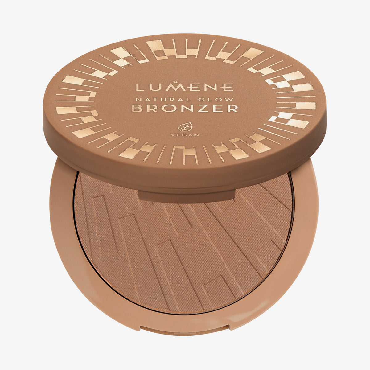 Offene Dose Lumene NATURAL GLOW Bronzer in der Farbe Arctic Sun mit geometrischem Design auf warmbraunem Puder und Deckel.