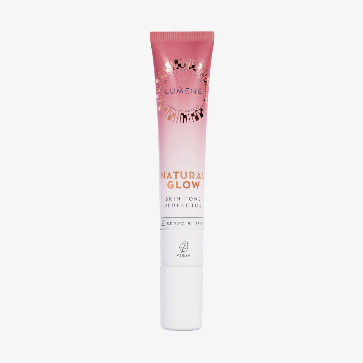 Tube Lumene NATURAL GLOW Skin Tone Perfector in der Farbe Berry Blush mit Farbverlauf von Weiß zu Beerenrot und weißem Verschluss.