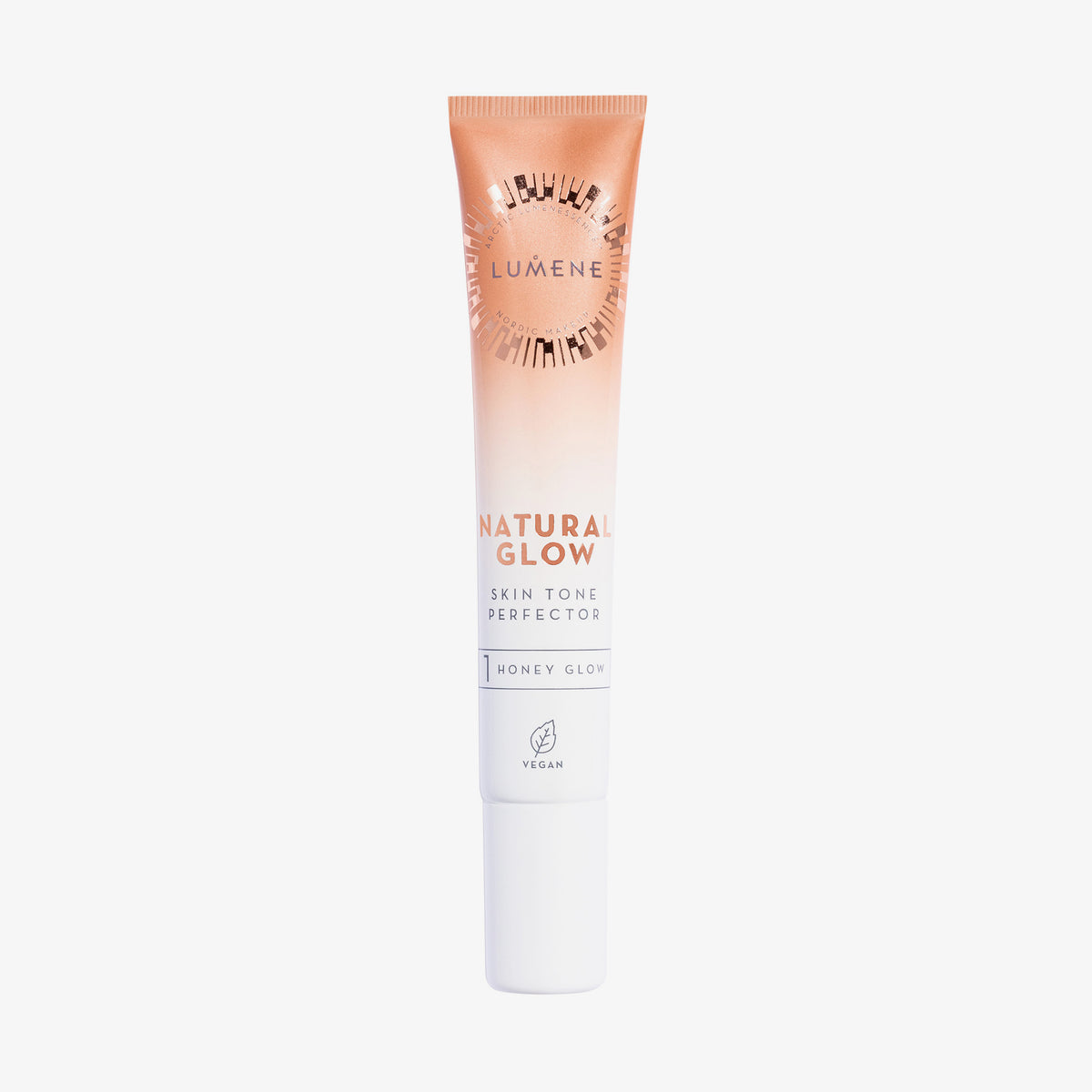 Tube Lumene NATURAL GLOW Skin Tone Perfector in der Farbe Honey Glow mit Farbverlauf von Weiß zu Apricot und weißem Verschluss.