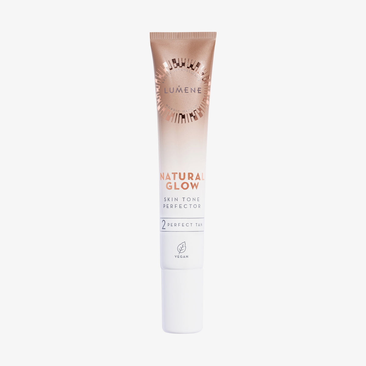 Tube Lumene NATURAL GLOW Skin Tone Perfector in der Farbe Perfect Tan mit Farbverlauf von Weiß zu Bronze und weißem Verschluss.