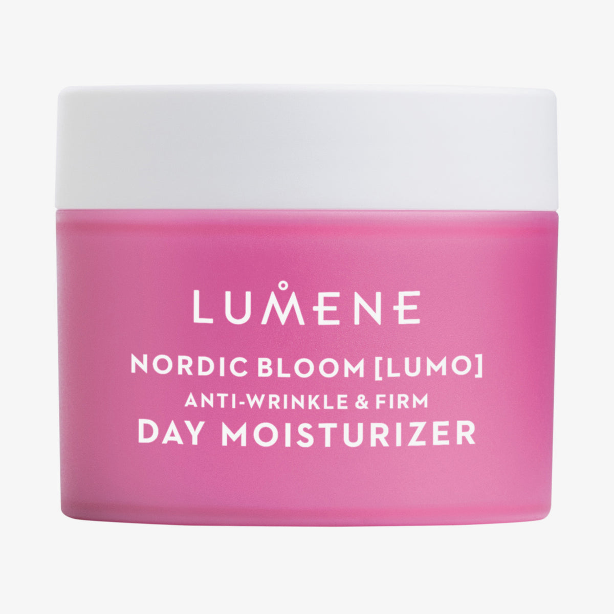 Rosa Tiegel der Lumene NORDIC BLOOM [LUMO] Anti-Wrinkle & Firm Day Cream mit weißem Text und Deckel.