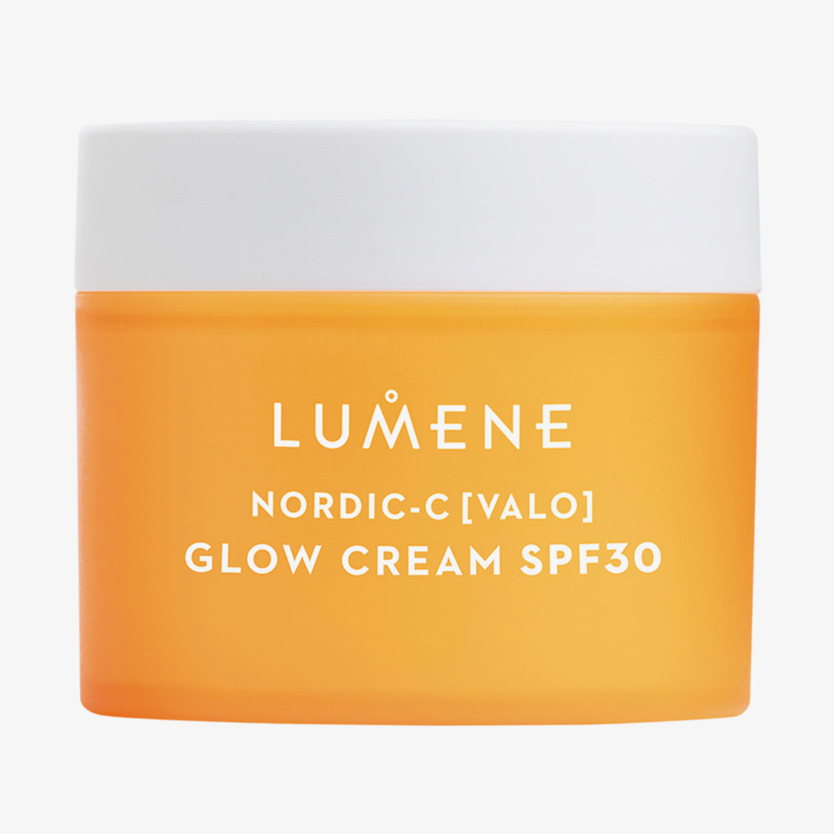 Ein orangefarbener Tiegel Lumene NORDIC C [VALO] Tagescreme SPF 30 mit weißem Deckel.