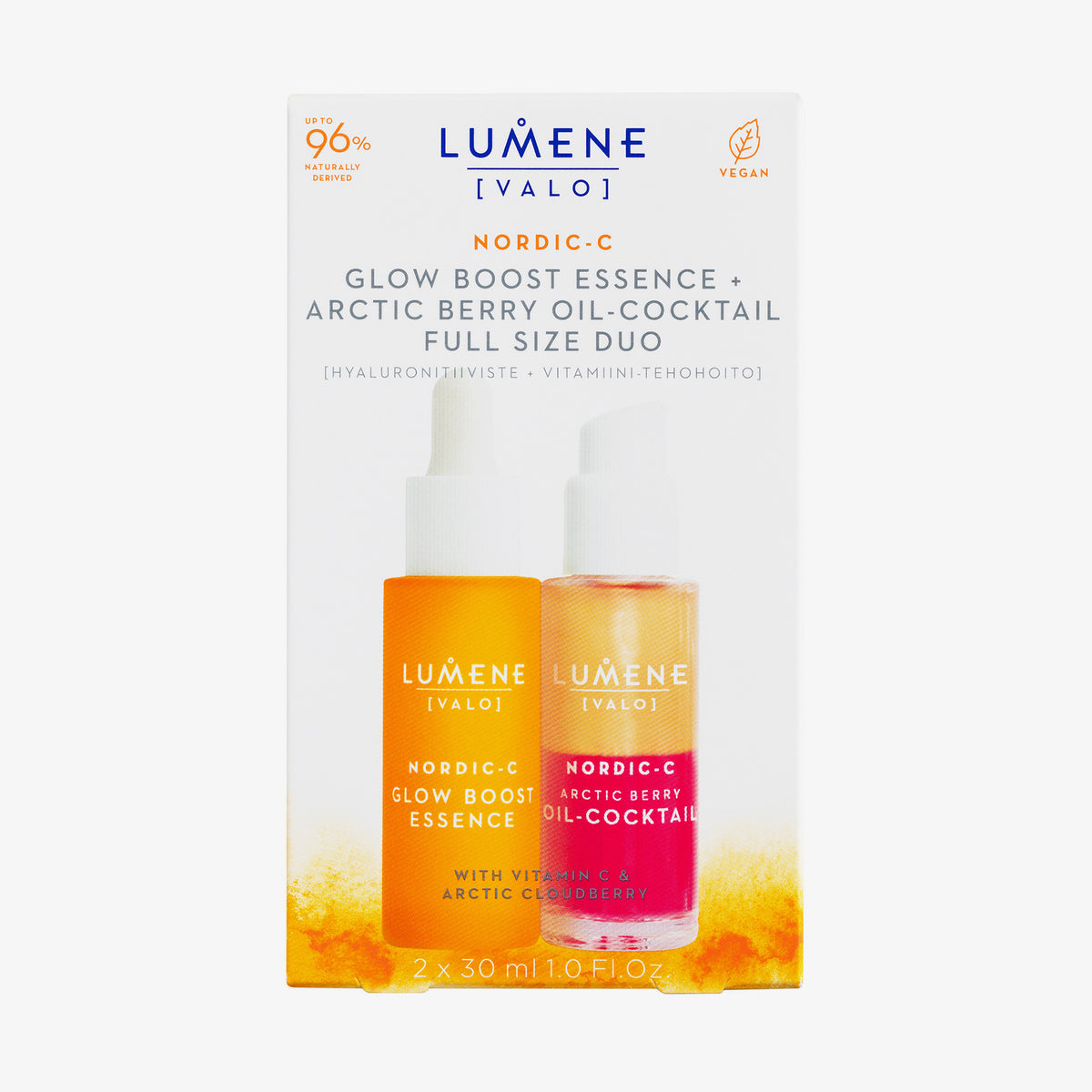 Lumene NORDIC-C [VALO] Essence + Oil-Cocktail Duo Set in weißer und oranger Verpackung.