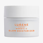 Weißer Tiegel Lumene NORDIC-C [VALO] Glow Moisturizer mit orangefarbenem Text auf der Vorderseite.