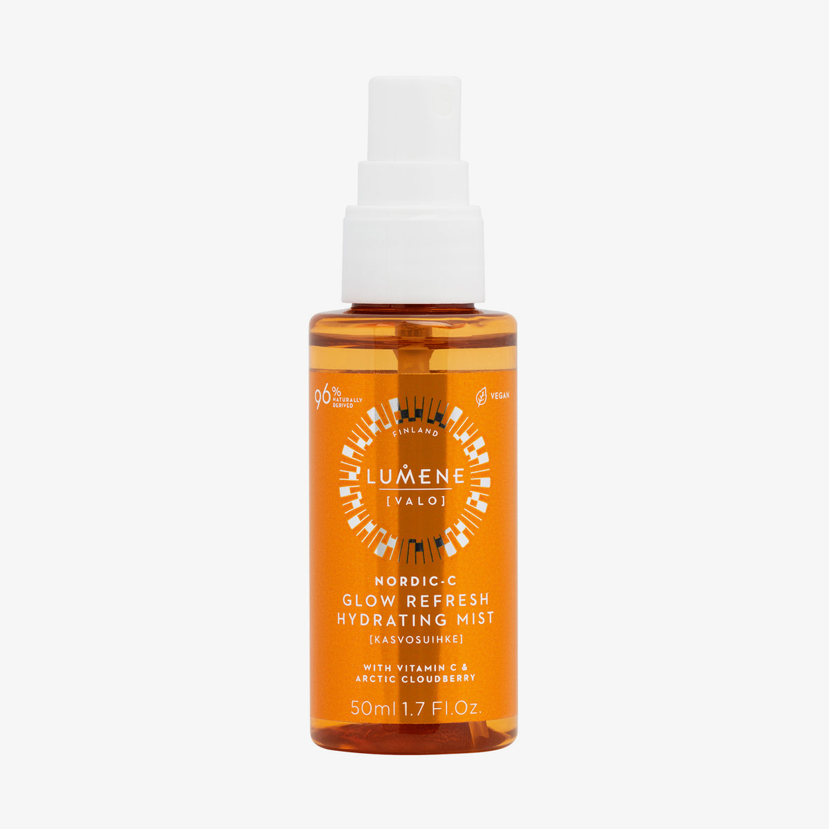 NORDIC-C [VALO] Glow Refresh Hydrating Mist aus dem Ultimate Glow Serum in transparenter-oranger Sprühflasche.