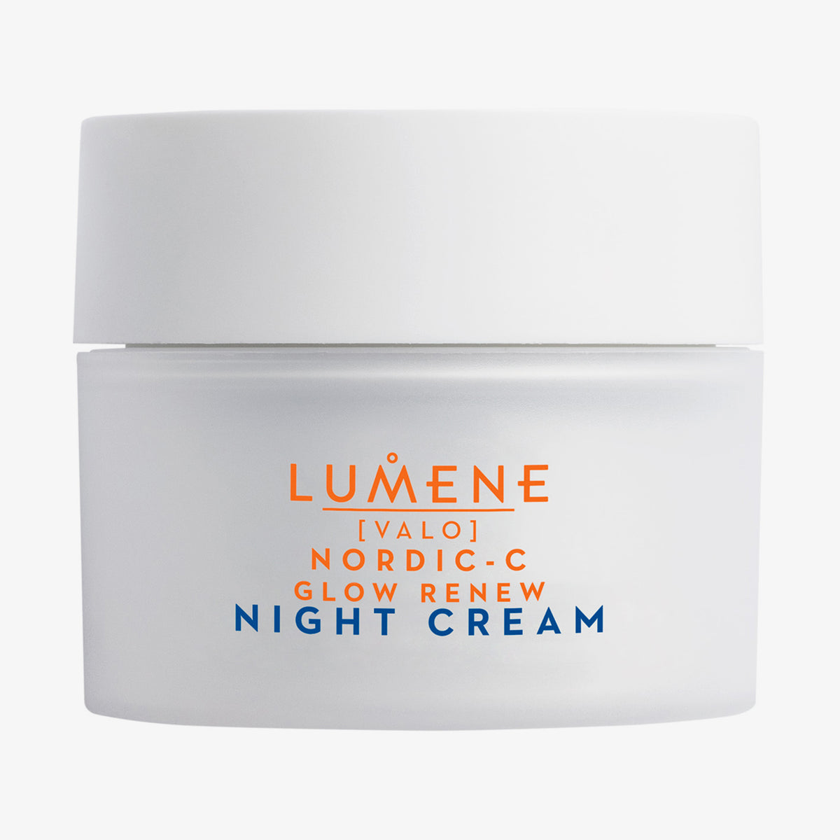 Weißer Tiegel Lumene Nordic-C [VALO] Glow Renew Night Cream mit orangem und blauem Text.