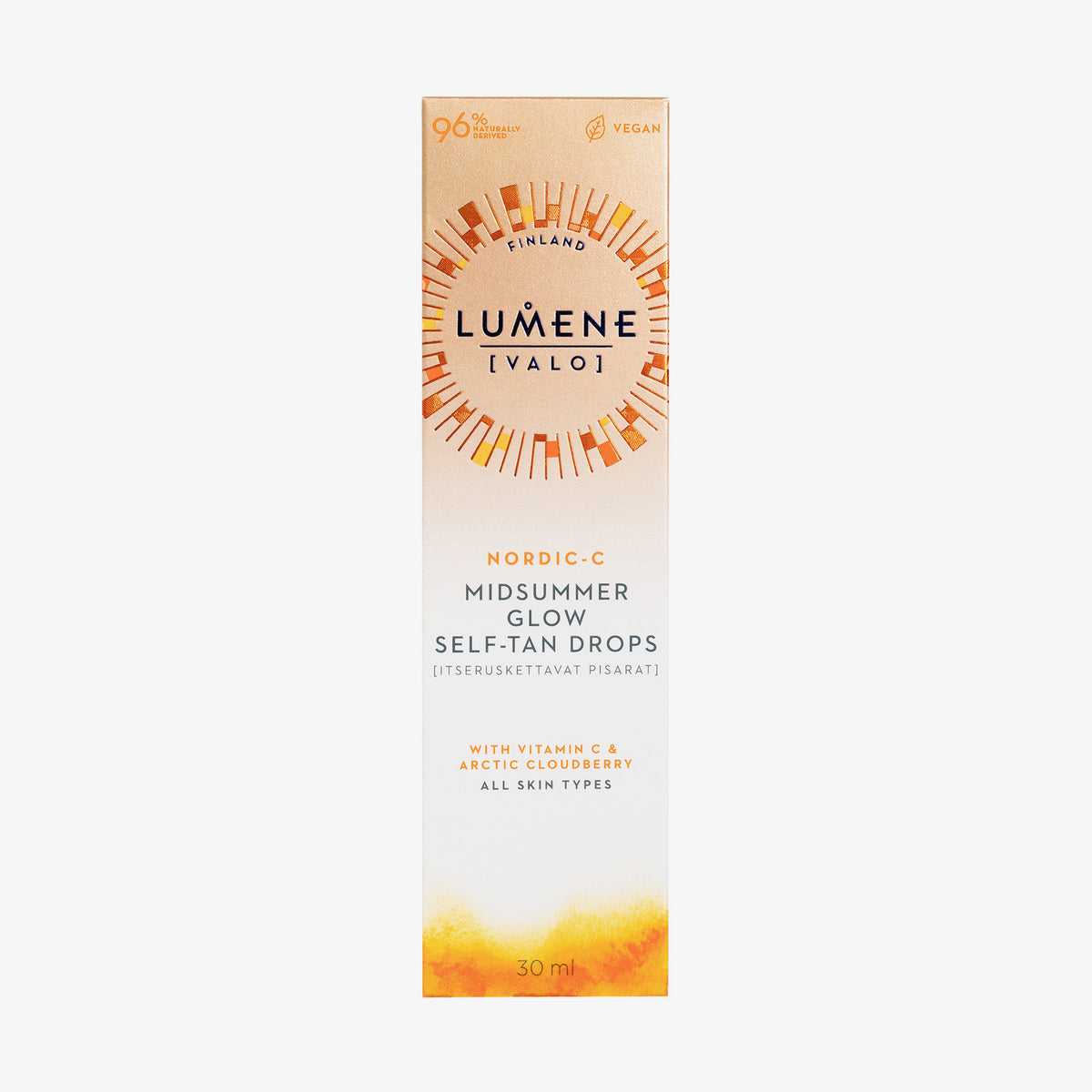 Verpackung der Lumene NORDIC-C [VALO] Self-Tan Drops mit orange-goldenen Designelementen.