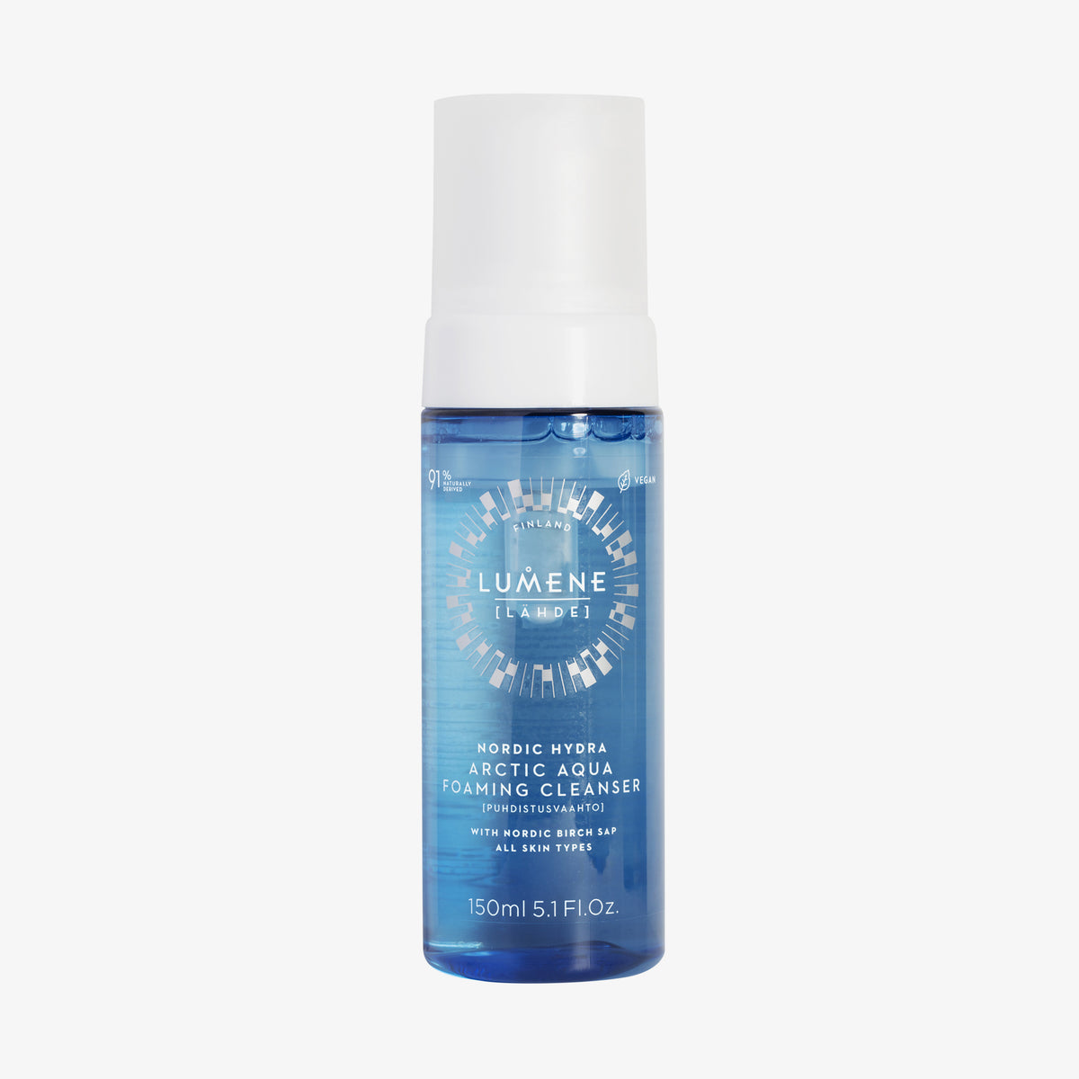 Blaue transparente Flasche Lumene NORDIC HYDRA [LAHDE] Arctic Aqua Foaming Cleanser mit weißem Deckel.