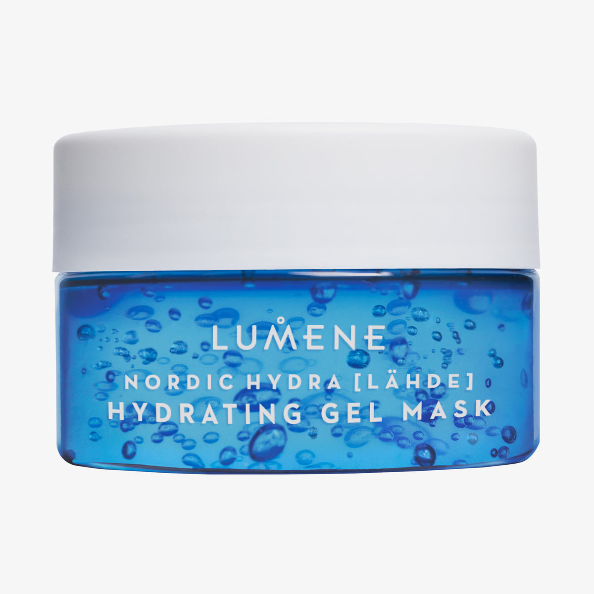 Ein blau-transparenter Tiegel Lumene Nordic Hydra [LÄHDE] Hydrating Gel Mask mit weißem Deckel.