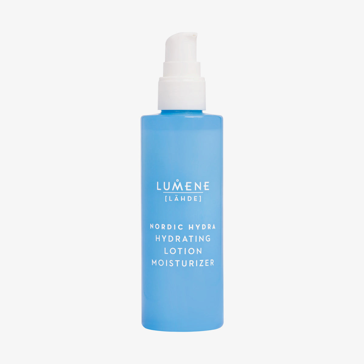 Eine blaue Lumene Nordic Hydra [LÄHDE] Hydrating Lotion Moisturizer Flasche mit weißem Pumpverschluss.
