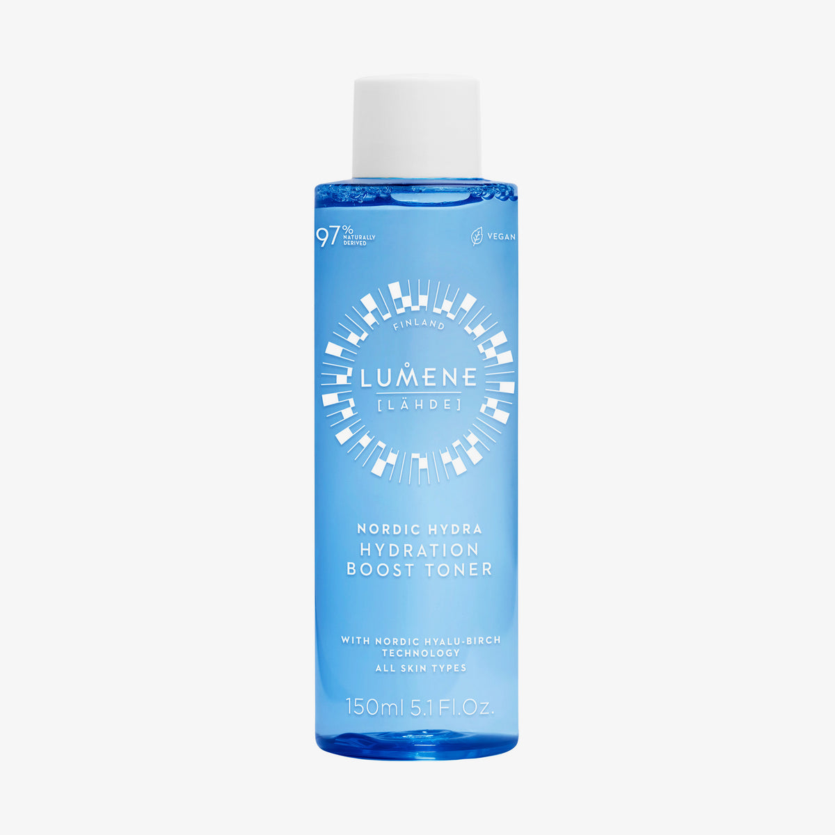 Eine blau-transparente Flasche Lumene Nordic Hydra [LÄHDE] Hydration Boost Toner mit weißer Schrift und weißem Verschluss.