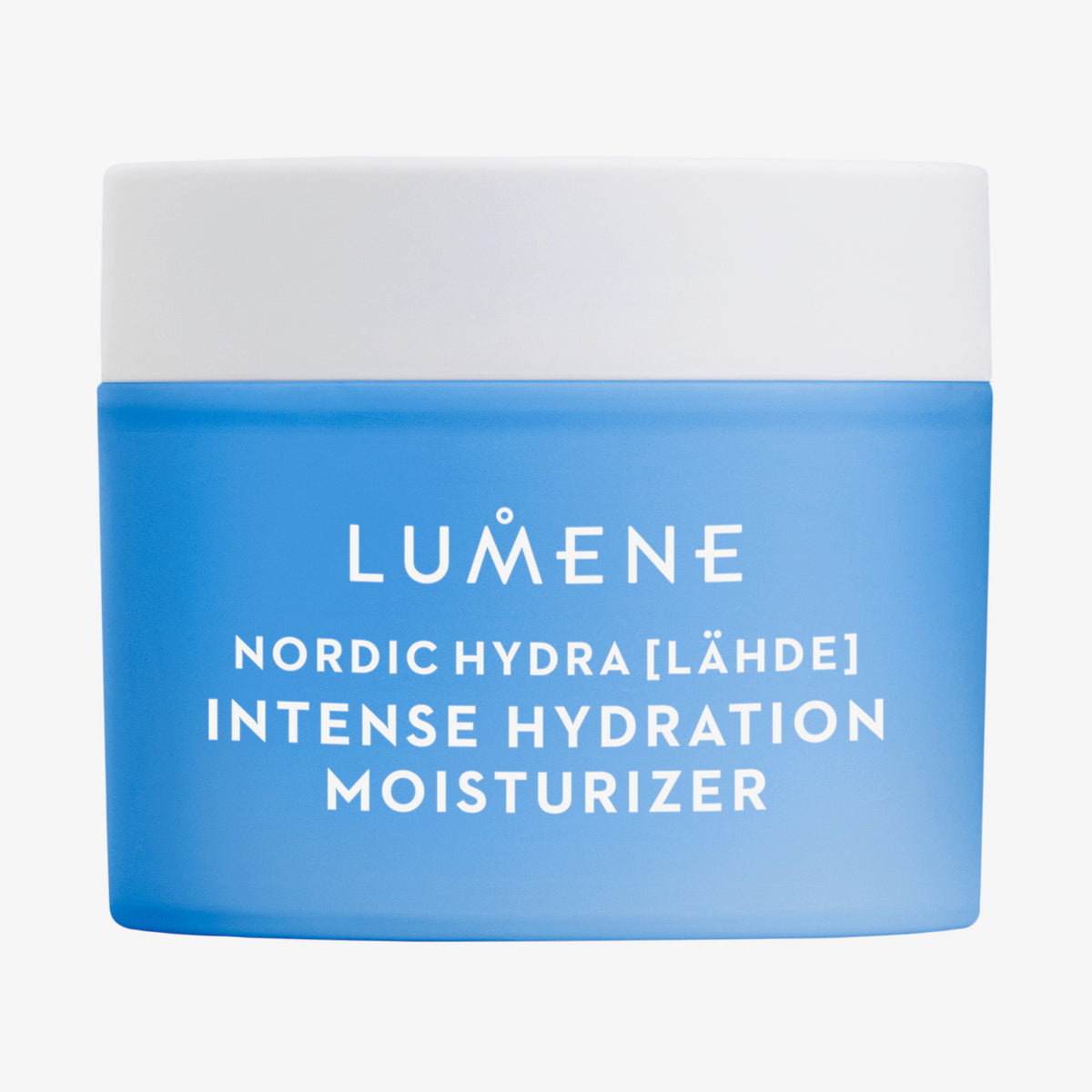 Ein blauer Tiegel von Lumene Nordic Hydra [LÄHDE] Intense Hydration Moisturizer mit weißem Deckel und Text.