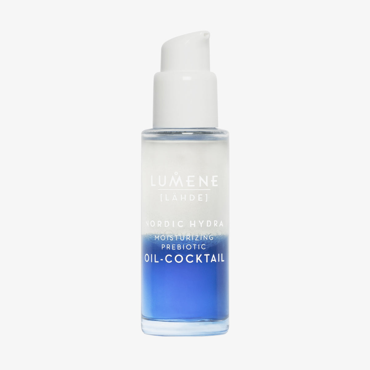 Eine Flasche Lumene NORDIC HYDRA [LAHDE] Moisturizing Prebiotic Oil-Cocktail mit geteilter blauer und klarer Flüssigkeit und weißem Pumpspender.