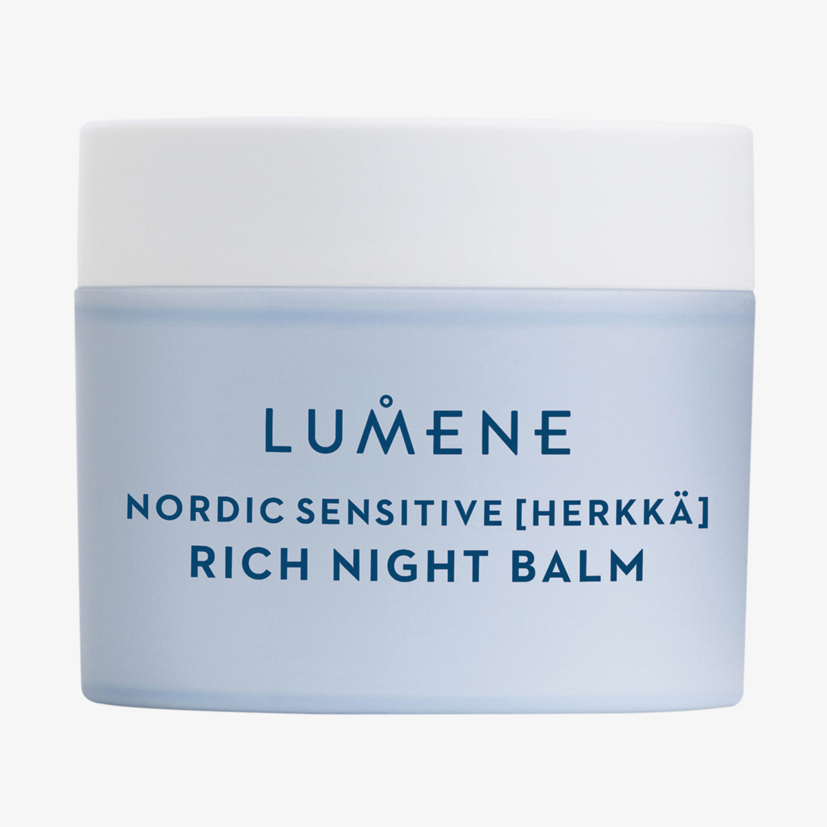 Ein hellblauer Tiegel Lumene NORDIC SENSITIVE [HERKKÄ] Rich Night Balm mit weißem Deckel und dunkelblauer Schrift.
