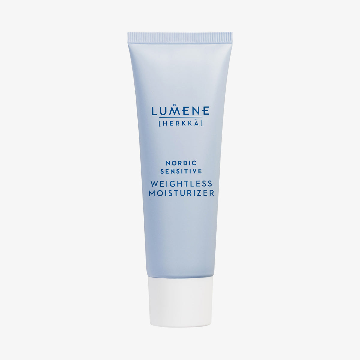 Hellblaue Tube des Lumene Nordic Sensitive [HERKKÄ] Weightless Moisturizer mit weißer Kappe.