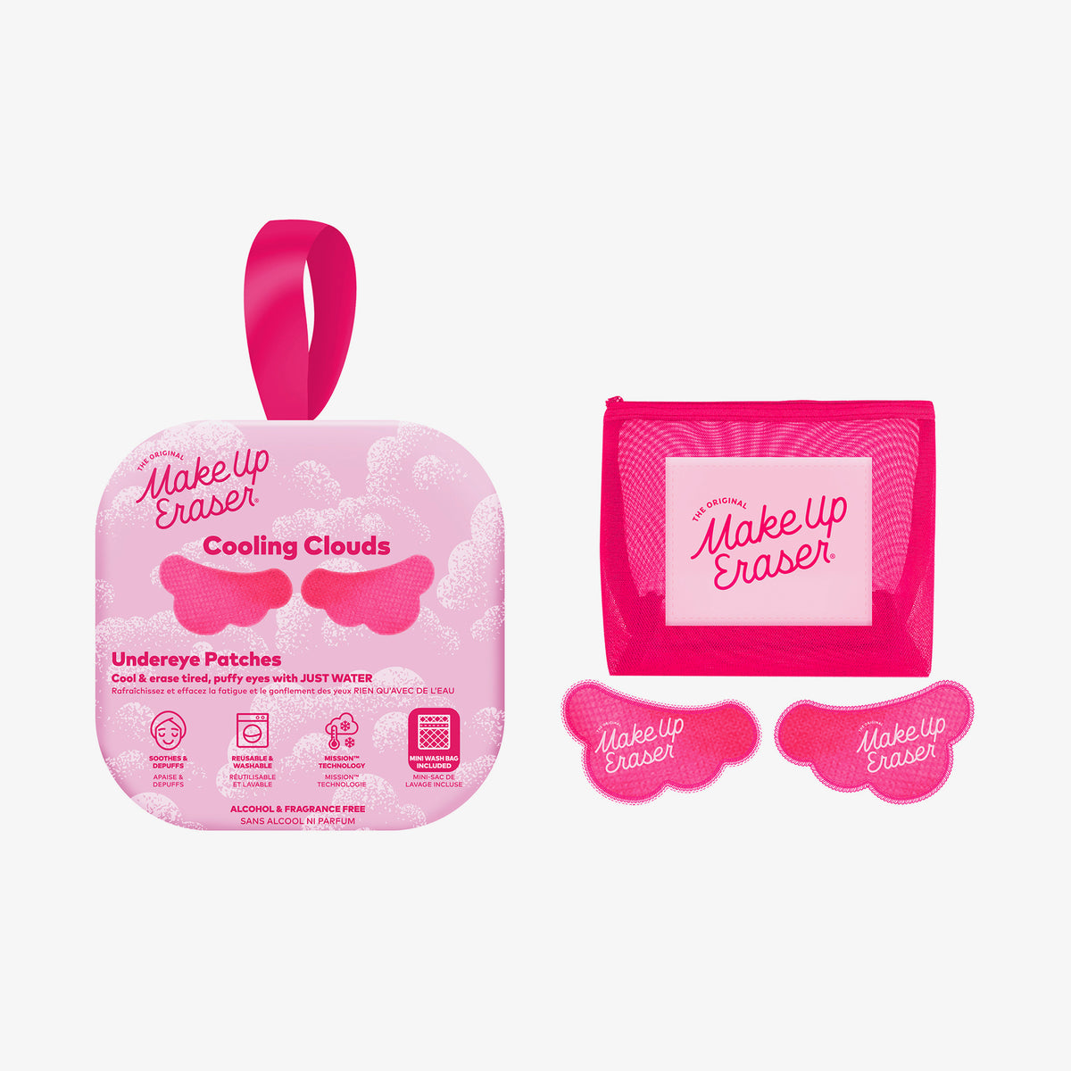 MakeUp Eraser Cooling Clouds Undereye Patches, abgebildet mit ihrer Verpackung und einem passenden rosa Netzbeutel, alles auf weißem Hintergrund.