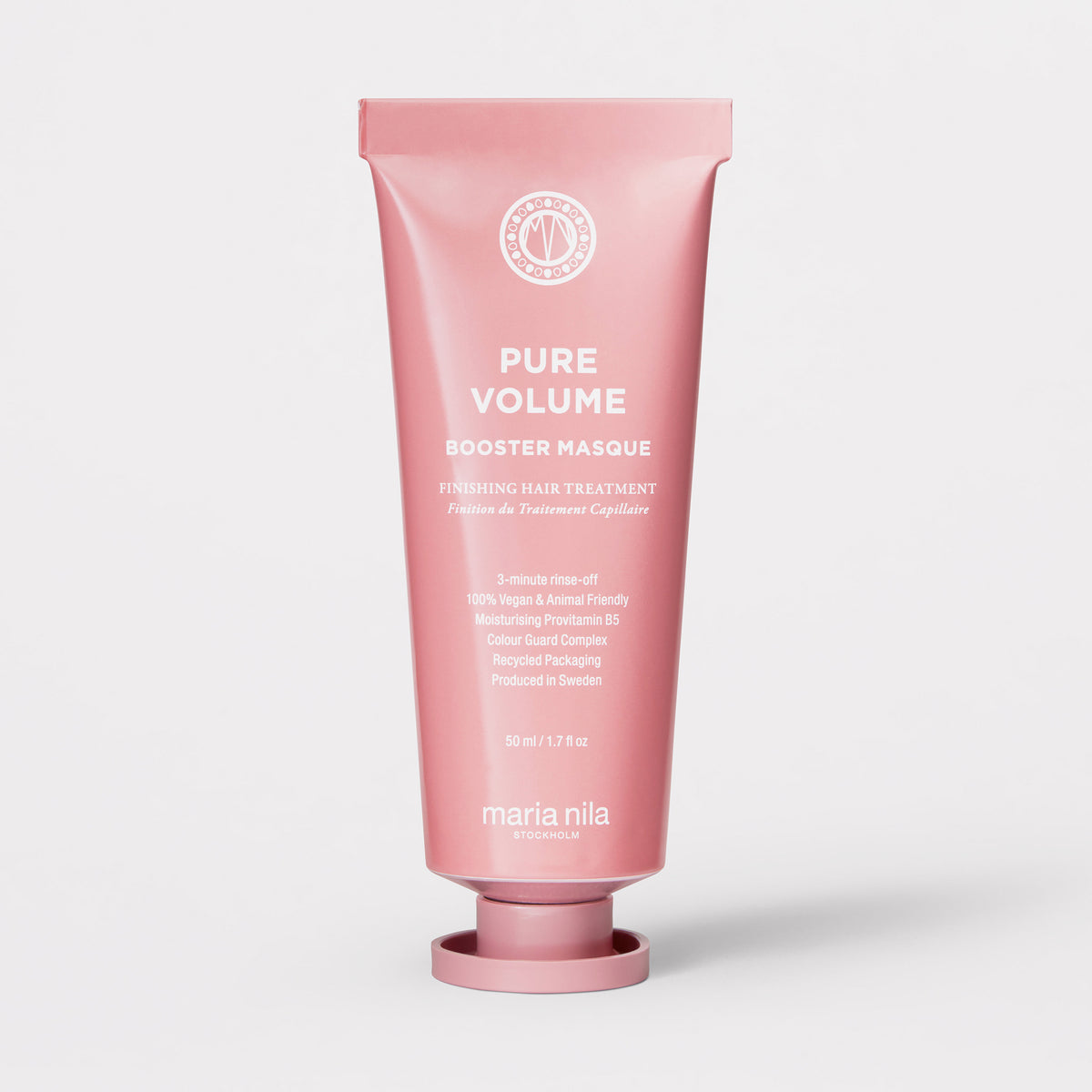 Eine rosafarbene Tube maria nila Booster Masque Pure Volume vor weißem Hintergrund.