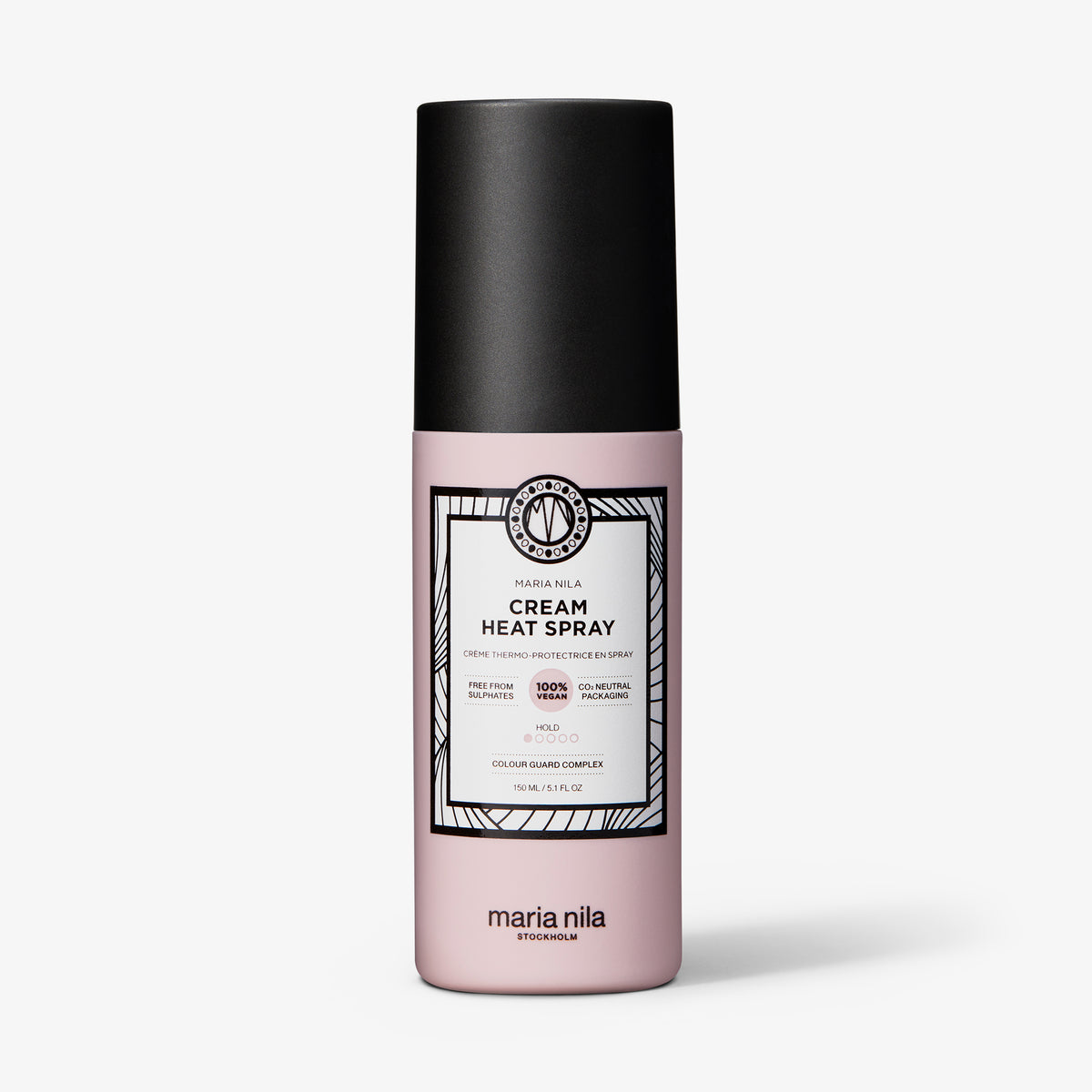 Rosa Flasche maria nila Cream Heat Spray mit schwarzer Kappe vor einem weißen Hintergrund.