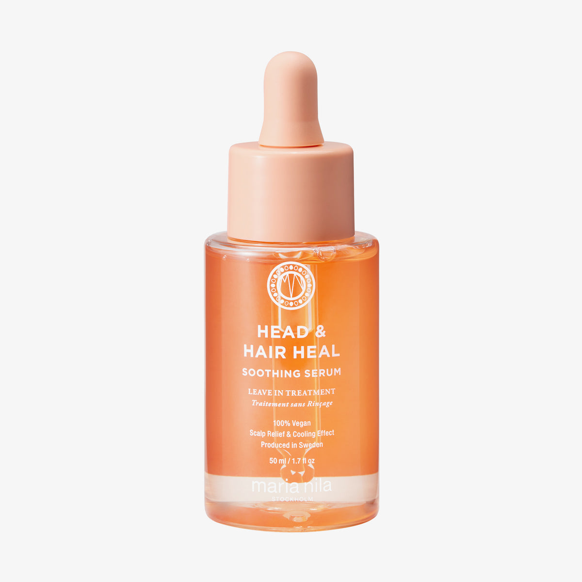 Eine Flasche orangem maria nila Head & Hair Heal Soothing Serum mit einem Tropfverschluss auf weißem Hintergrund.