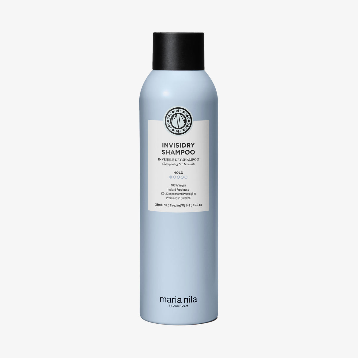 Die hellblaue Flasche von maria nila Invisidry Shampoo hat einen schwarzen Verschluss und ein weißes Etikett auf der Vorderseite.