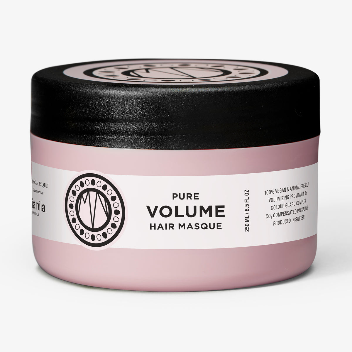 Rosafarbener Tiegel der maria nila Pure Volume Masque mit einem schwarzen Deckel und einem weißen Etikett.