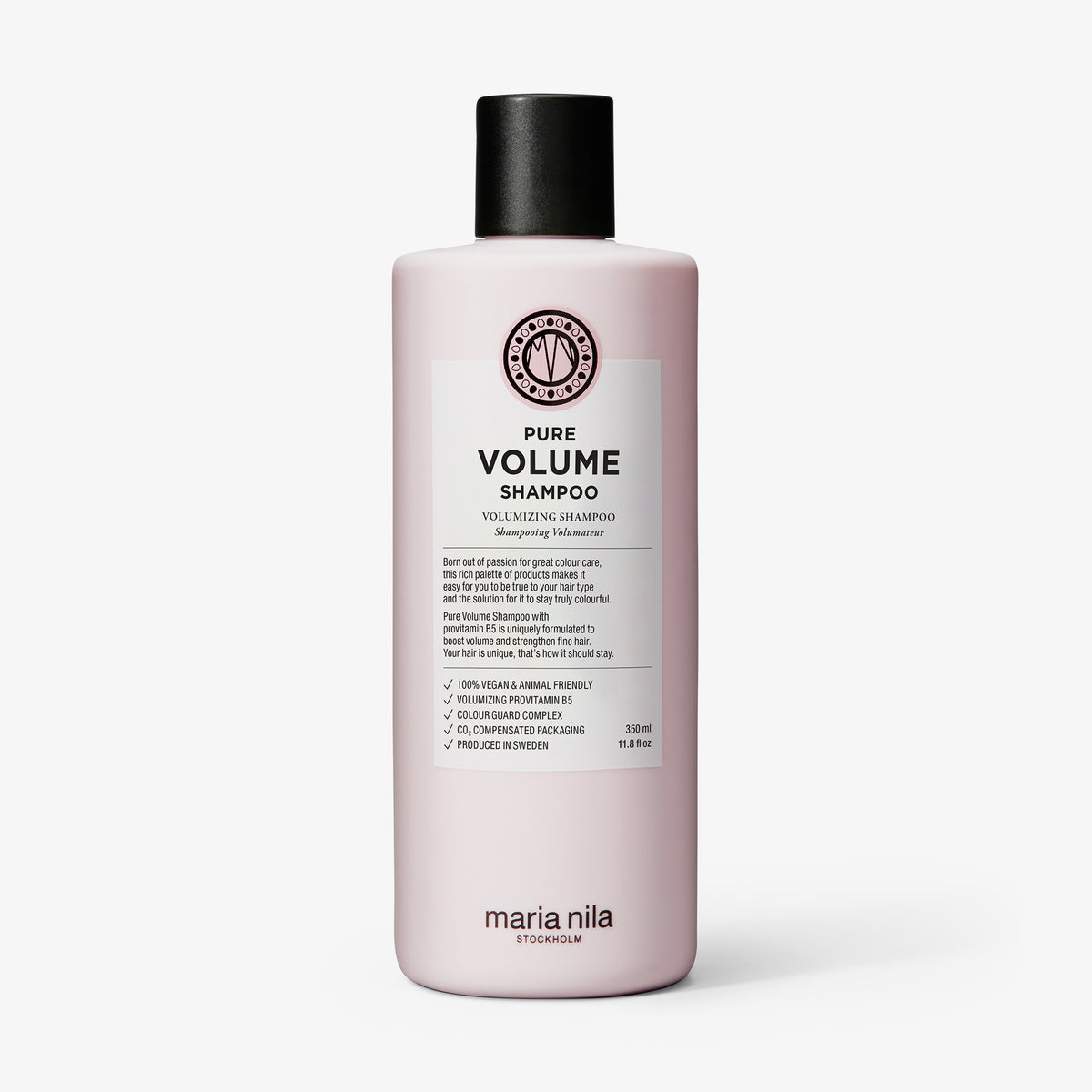 Rosafarbene Flasche von maria nila Pure Volume Shampoo mit einer schwarzen Kappe auf einem weißen Hintergrund.