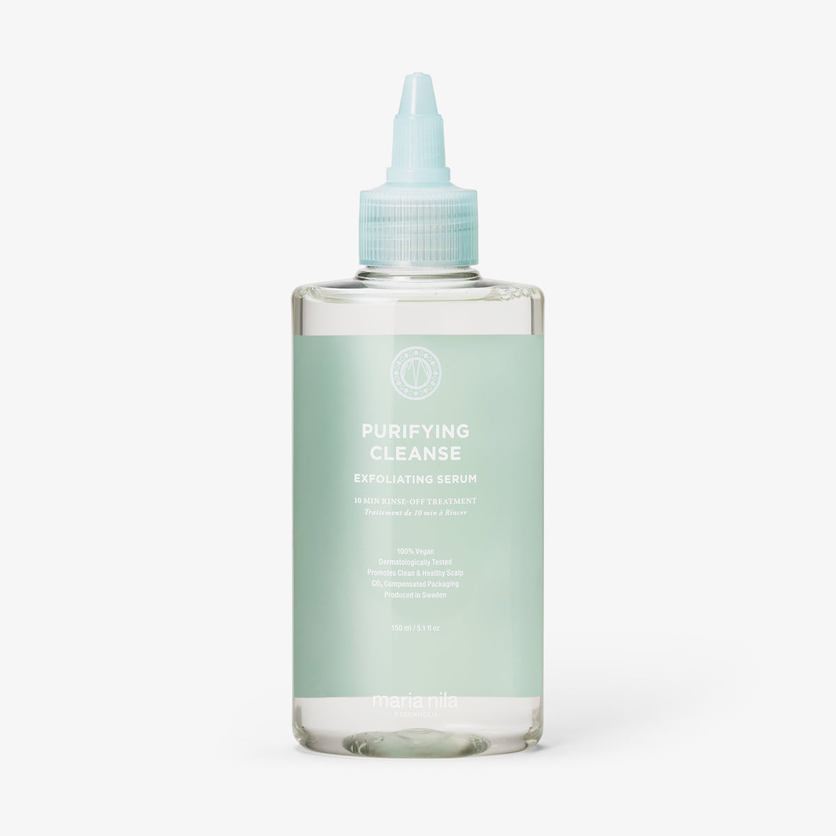 Klare Flasche Purifying Cleanse Exfoliating Serum von maria nila mit türkisfarbenem Etikett und Applikationskopf.