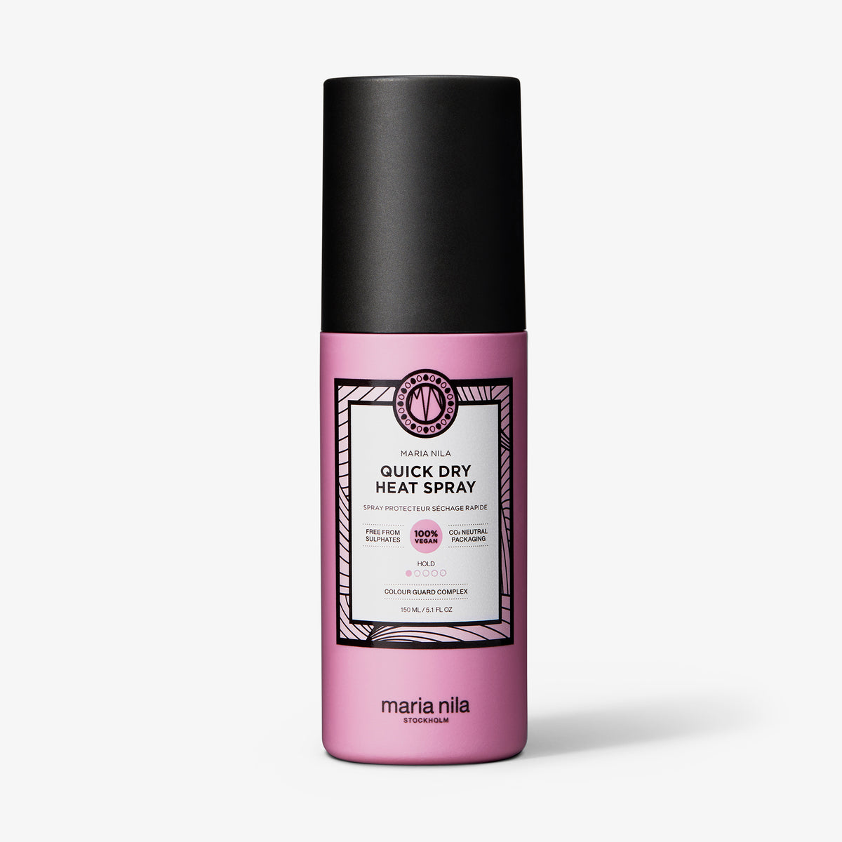Eine pinke Flasche maria nila Quick Dry Heat Spray mit schwarzem Deckel und weißem Produktetikett auf der Vorderseite.