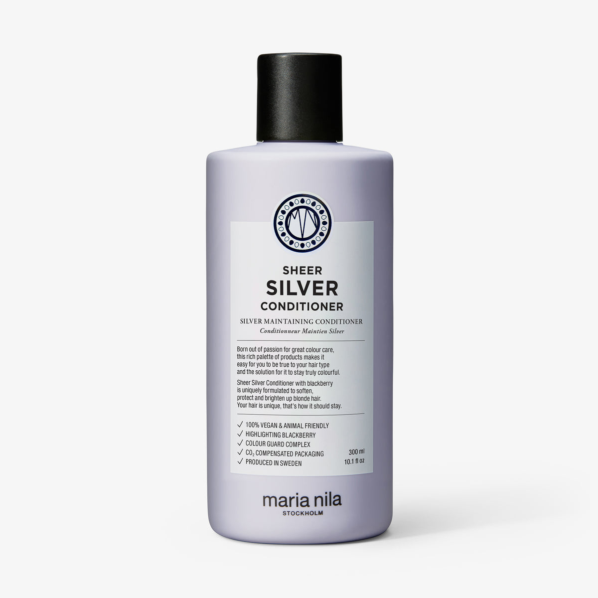 Violette Flasche maria nila Sheer Silver Conditioner ist auf einem weißen Hintergrund abgebildet.
