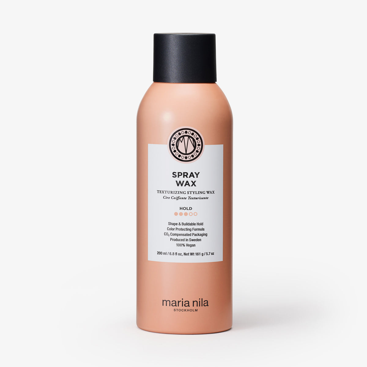 Pfirsichfarbene maria nila Sprühflasche für das Haarstyling, dargestellt auf einem weißen Hintergrund.