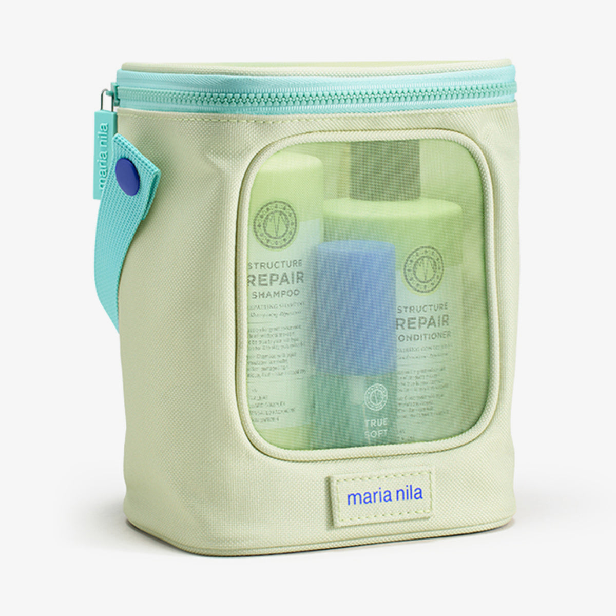 Eckige gelbgrüne Structure Repair Beauty Bag 2025 mit Meshfenster enthält Structure Repair Shampoo, Conditioner und True Soft Argan Oil von Maria Nila.