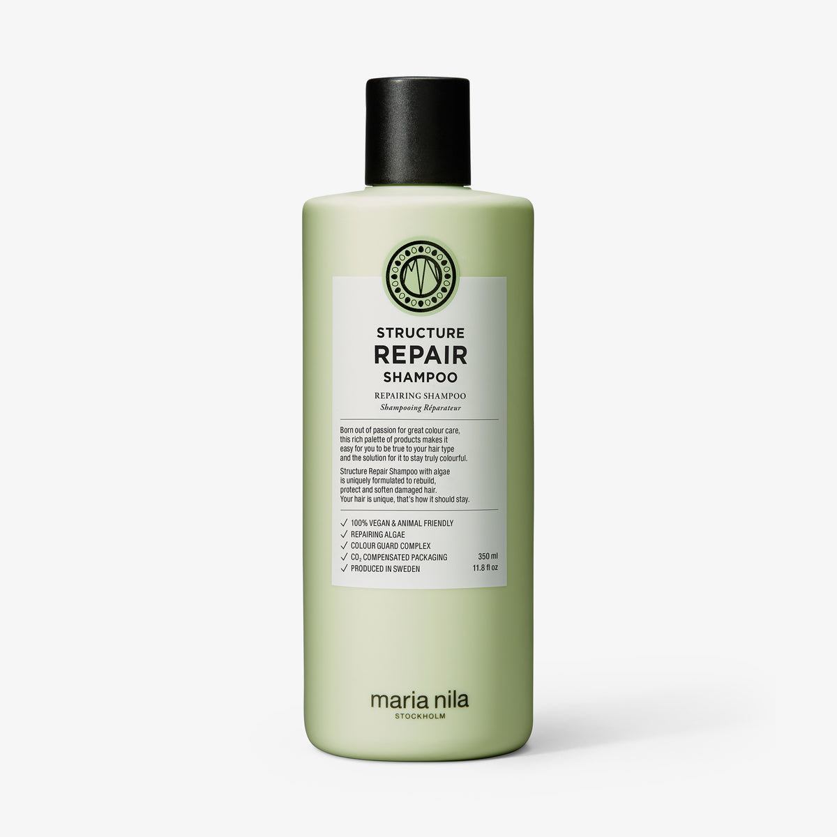 Hellgrüne Flasche Maria Nila Structure Repair Shampoo mit schwarzer Kappe, dargestellt auf weißem Hintergrund.