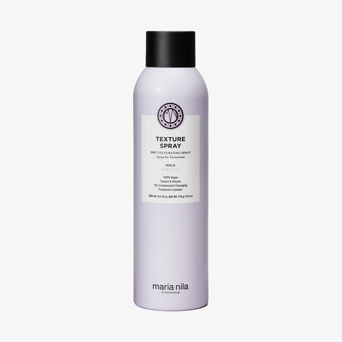 Hellviolette Flasche maria nila Texture Spray mit schwarzer Kappe ist vor einem weißen Hintergrund abgebildet.