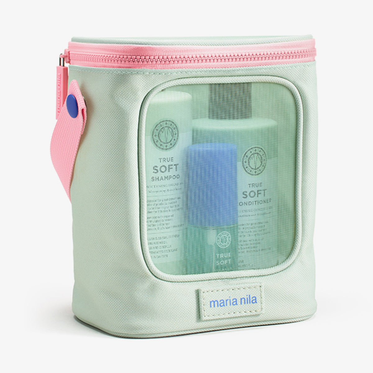 Eckige hellgrüne True Soft Beauty Bag 2025 mit Meshfenster enthält True Soft Shampoo, Conditioner und Argan Oil von Maria Nila.