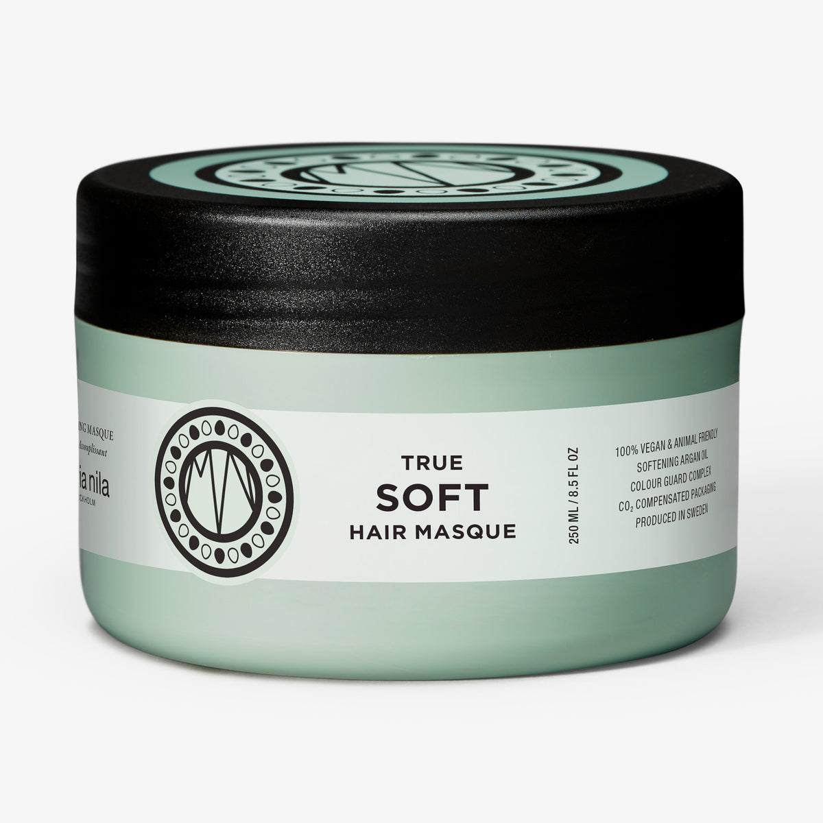 Ein mintgrüner Tiegel der maria nila True Soft Masque mit schwarzem Deckel und minimalistischem Design.
