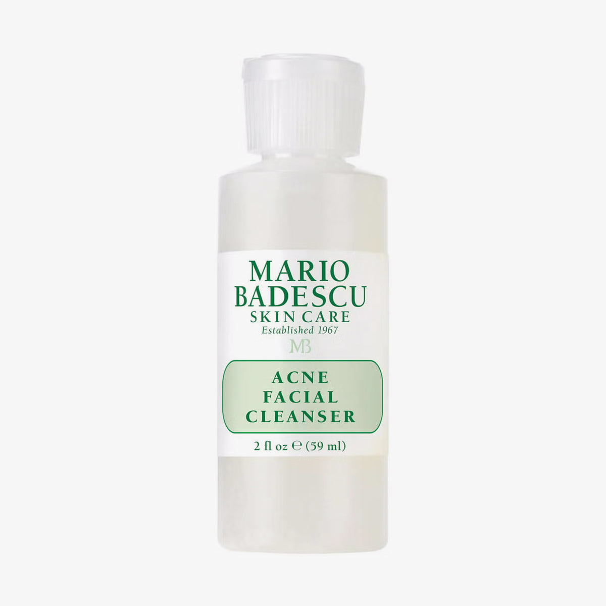 Eine kleine 59-ml-Flasche Mario Badescu Acne Facial Cleanser hat ein weißes Etikett mit grüner Schrift.
