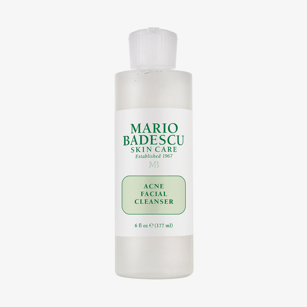 Mario Badescu Acne Facial Cleanser in einer klaren Flasche mit weißem Flip-Top-Verschluss und grünem Etikett, 177ml.