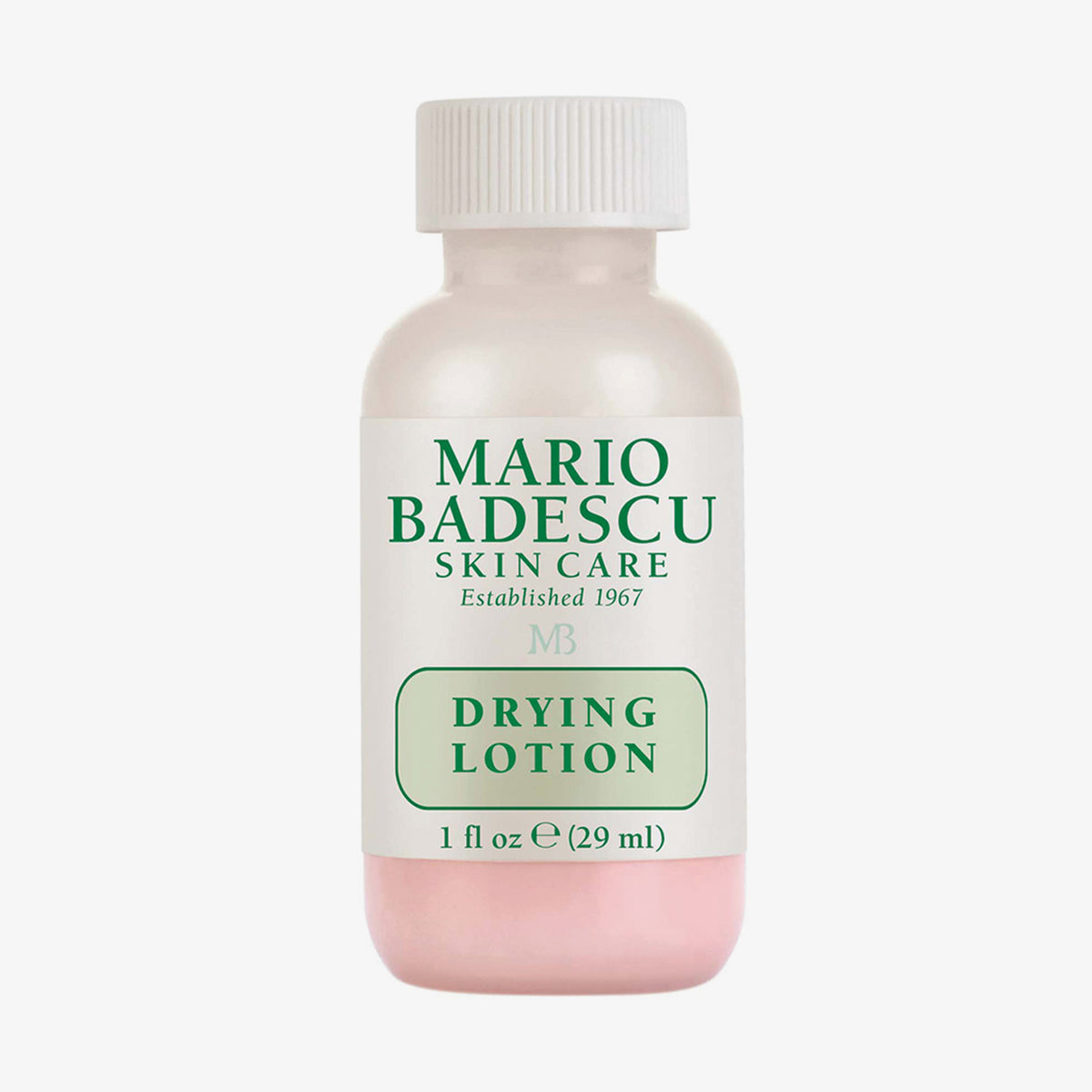 Eine 29-ml-Flasche der Mario Badescu Drying Lotion mit weißem Verschluss und grünem Etikett.