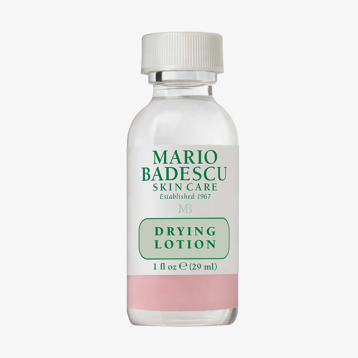 Eine 29 ml Glasflasche von Mario Badescu Drying Lotion mit rosa Flüssigkeit am Boden auf weißem Hintergrund.