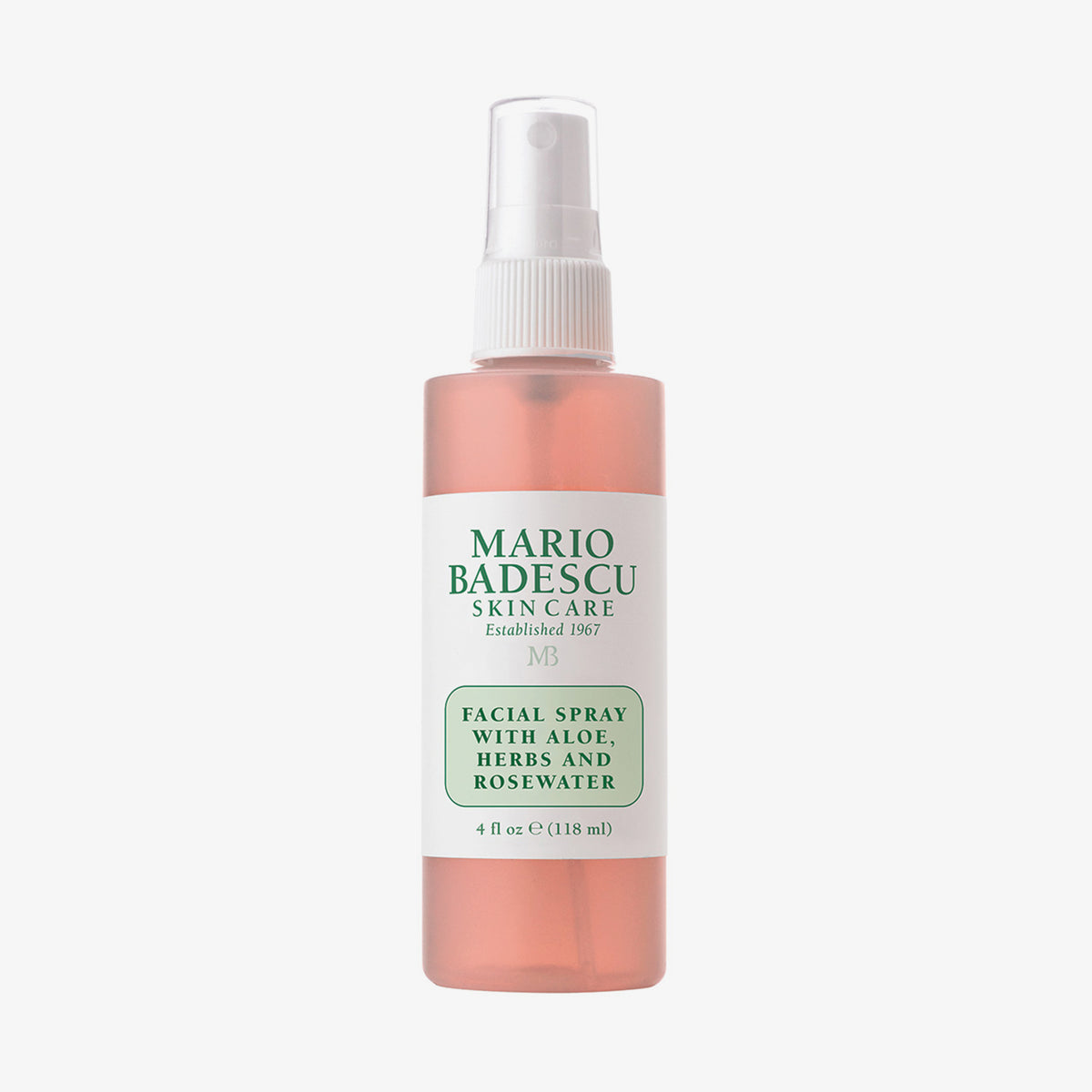 Eine 118ml rosa Sprühflasche mit Mario Badescu Gesichtsspray mit Aloe, Kräutern und Rosenwasser.