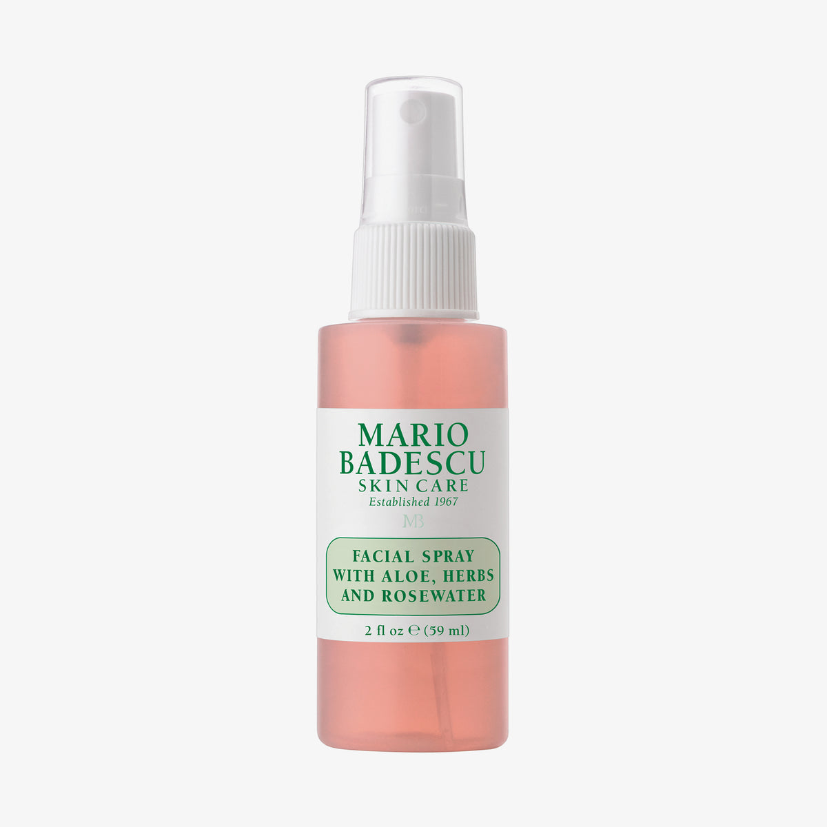 Eine rosa Sprühflasche Facial Spray w/ Aloe, Herbs & Rosewater von Mario Badescu, 59ml, auf weißem Hintehrgrund.