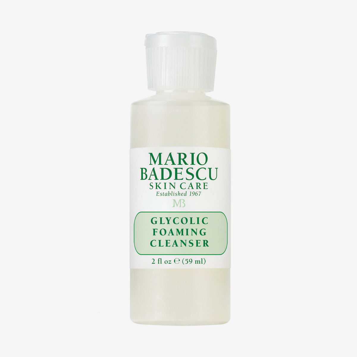 Ein 59ml Mario Badescu Glycolic Foaming Cleanser mit einer weißen Kappe und grünem Etikett.