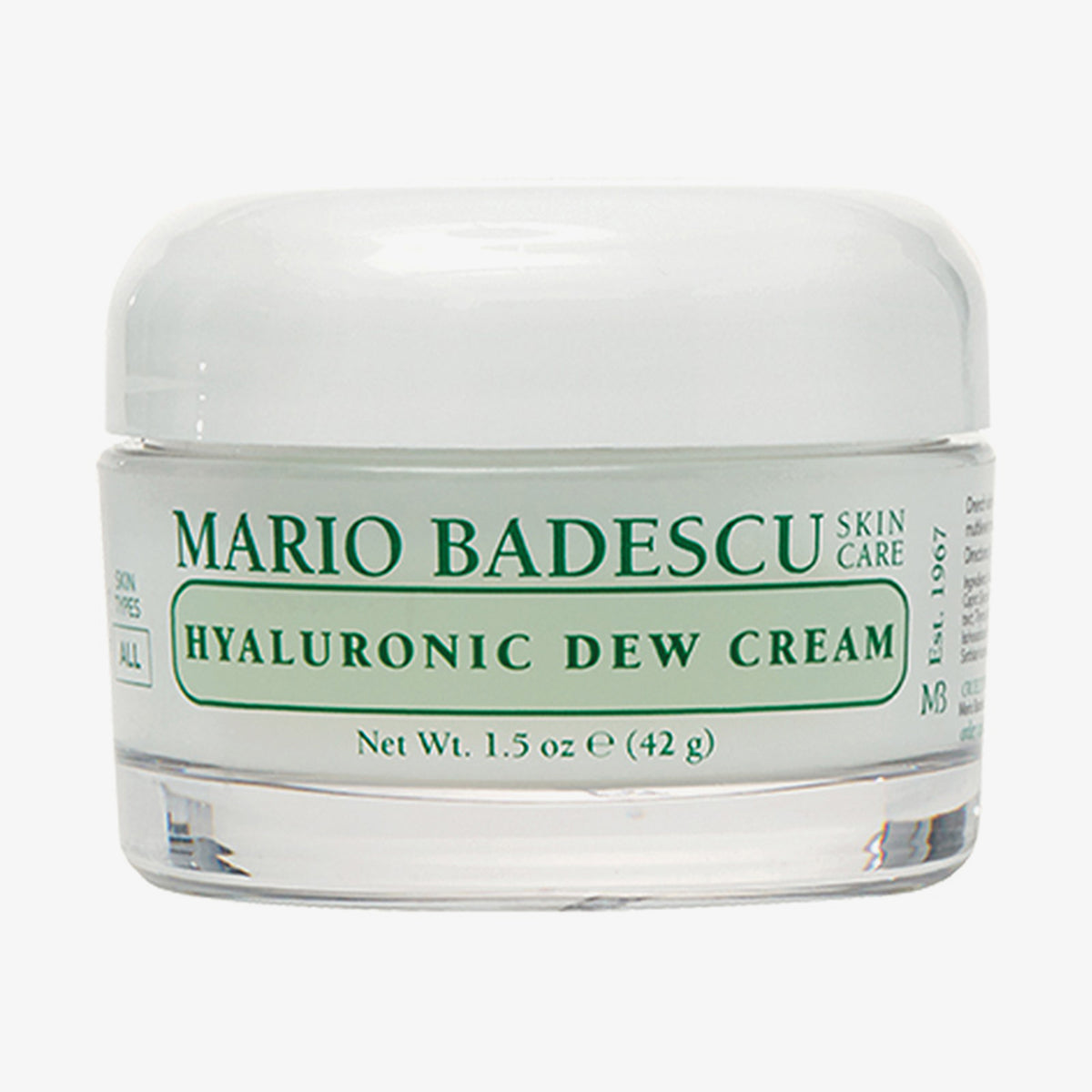 Ein 42g Tiegel der Mario Badescu Hyaluronic Dew Cream mit weißem Deckel auf weißem Hintergrund.