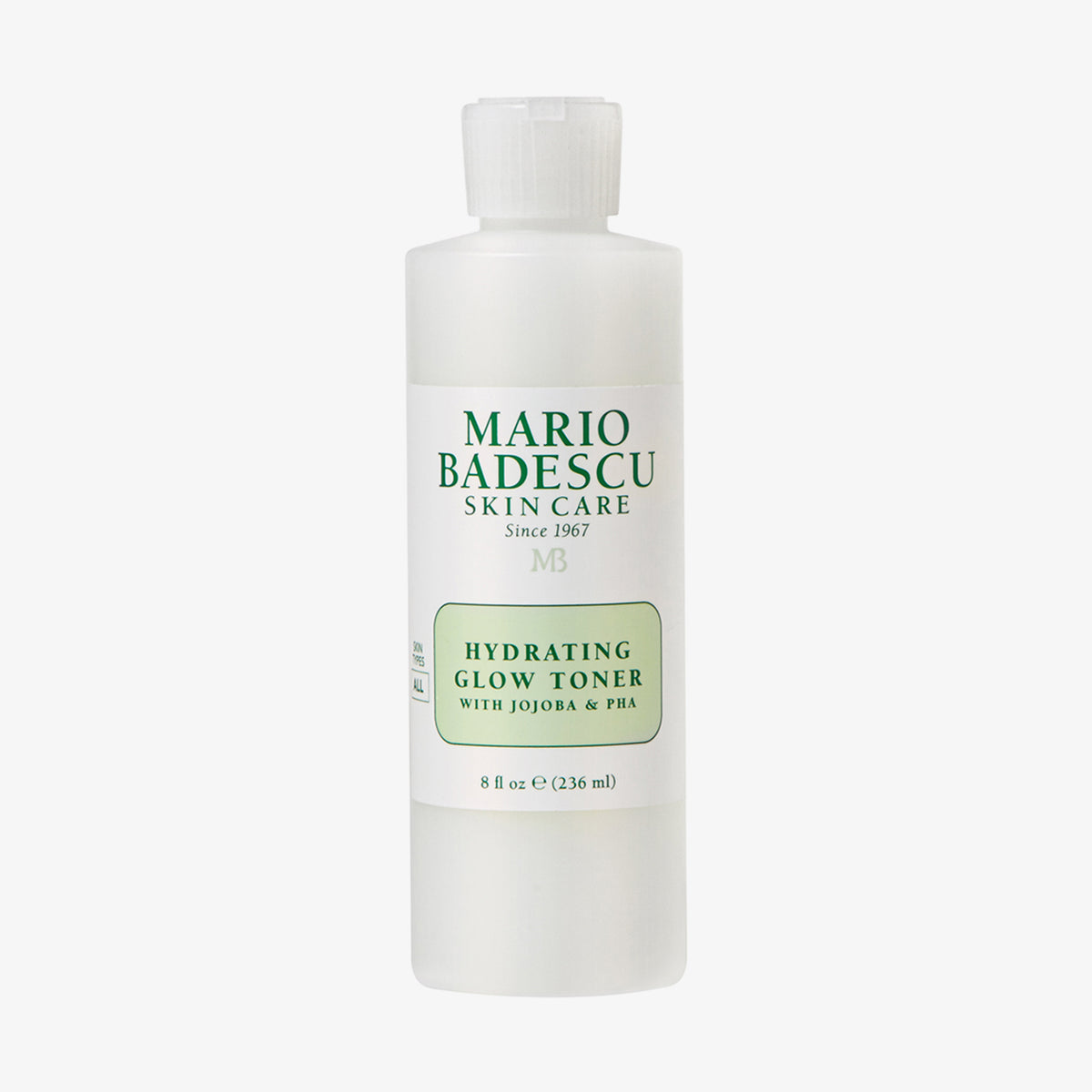 236-ml weiße Flasche Mario Badescu Hydrating Glow Toner mit grünem Text auf weißem Hintergrund.