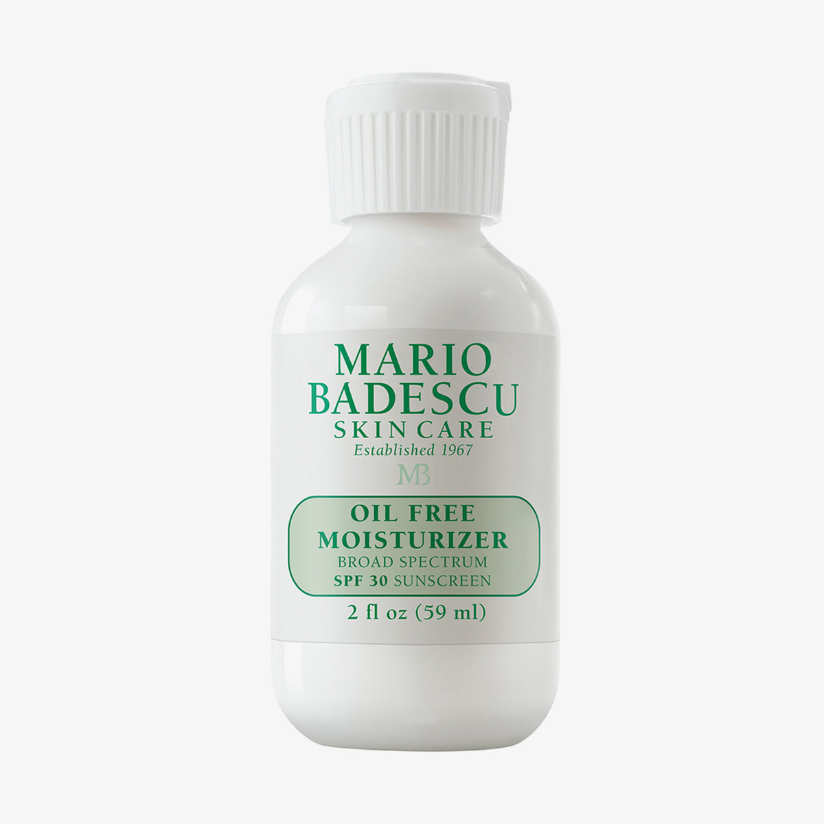 Mario Badescu Oil Free Moisturizer SPF 30 in einer weißen Flasche mit grüner Schrift und weißer Kappe.